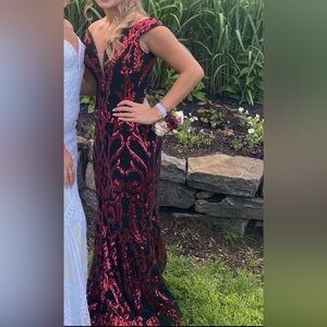 Jovani Red and Black Sequin Mermaid Prom Dress